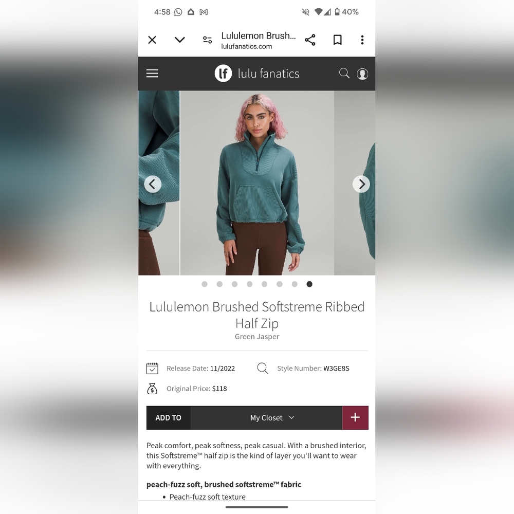 Lululemon brushed softstreme ribbed half zip